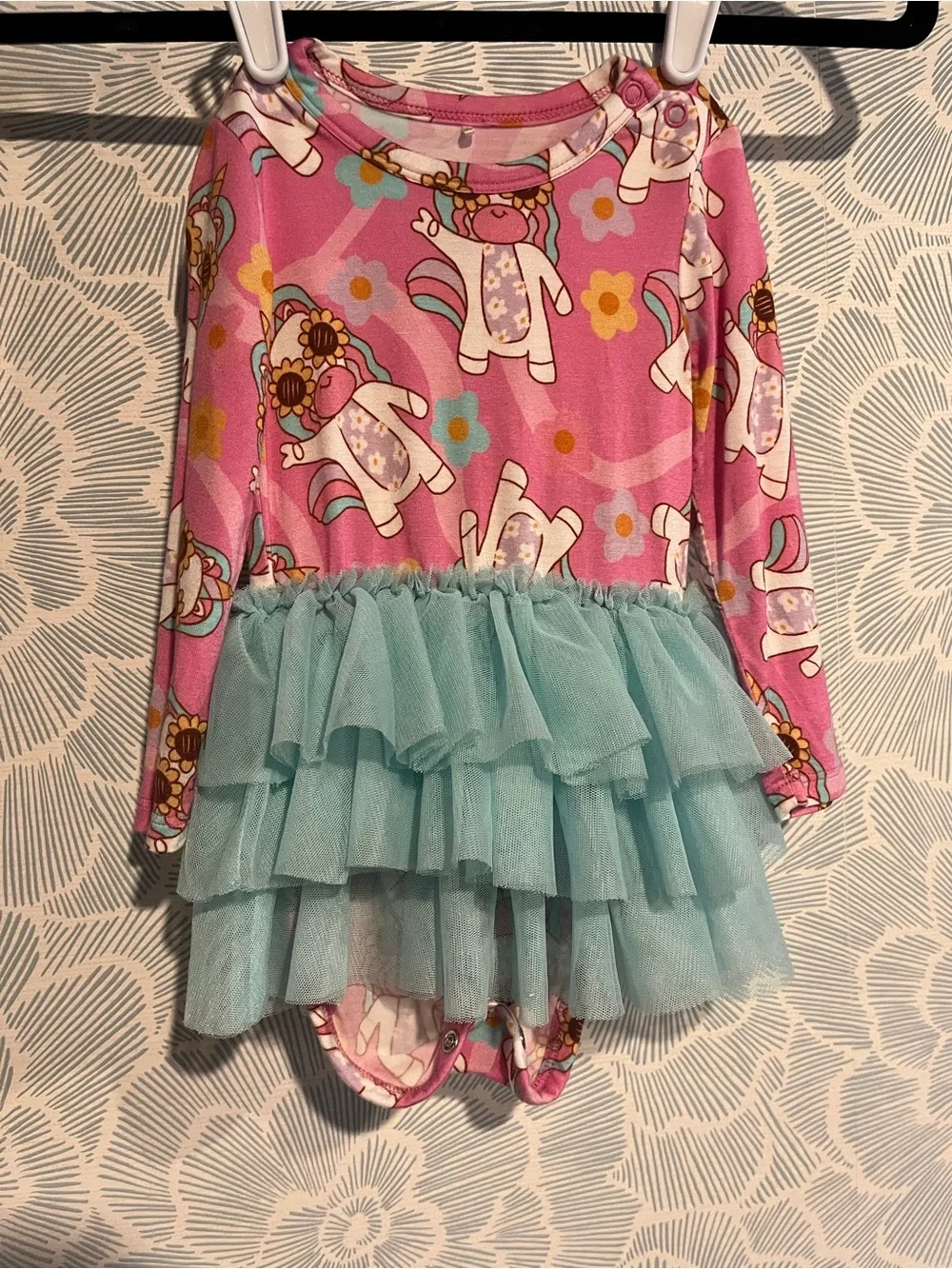 Posh Peanut “groovy unicorn” Print Bodysuit with Light Blue Tulle Skirt